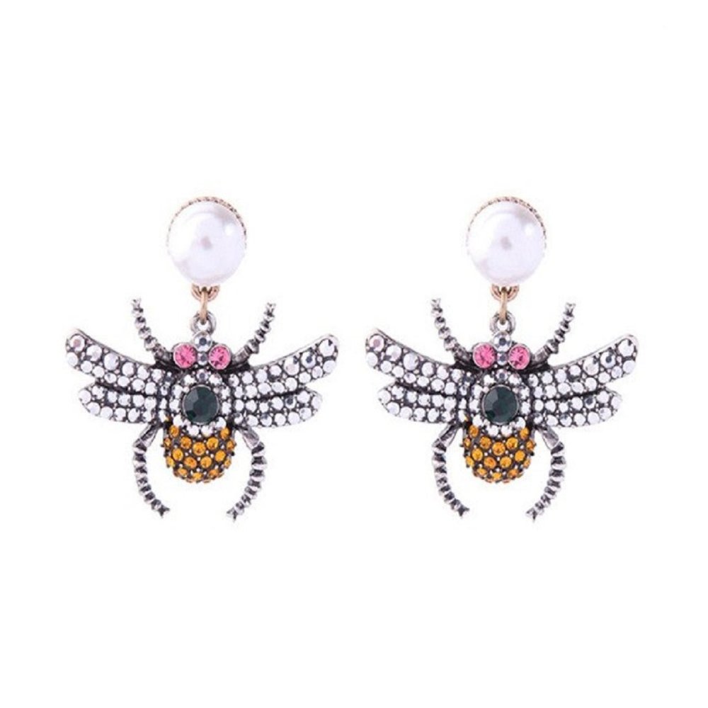 Gorgeous Crystal & Pearl Bee Insect Drop Earrings